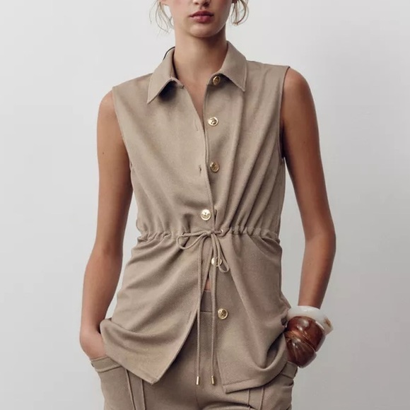 Zara Tops - Zara NWT gold button drawstring waist beige vest top
